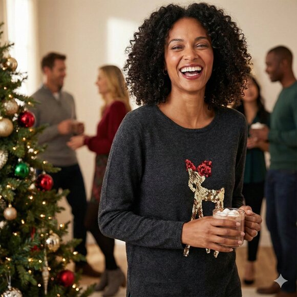 Antoni & Alison Sweaters - Antoni & Alison Sequin Reindeer Sweater Charcoal Cashmere Blend Women’s Large
